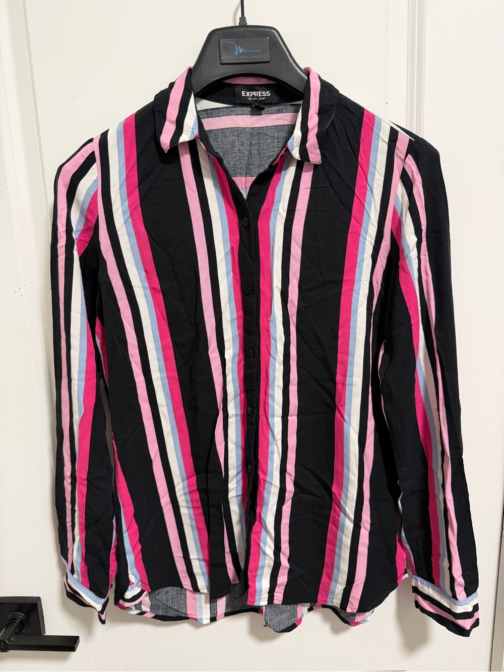 Express Navy Button-Down Shirt with Pink and Light Blue Stripes - Picture 2 of 3